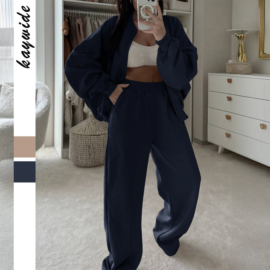 Damen nan Oversize-Zipjacke und hochgeschnittene Palazzohose aus weichem French-Terry EB