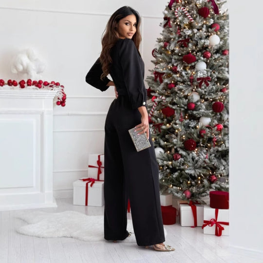 Damen Eleganter Jumpsuit mit taillierbarem Gürtel und V-Ausschnitt EB