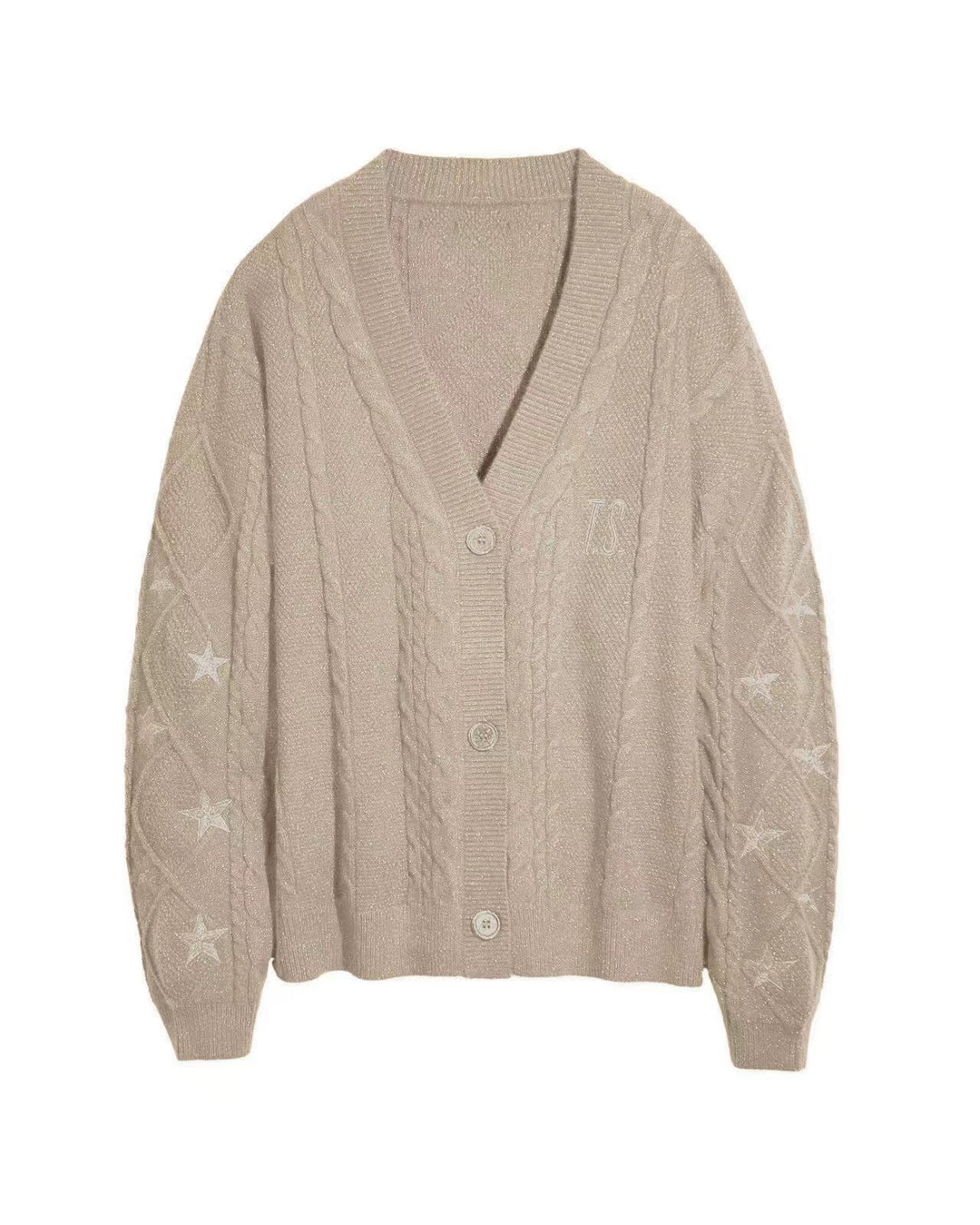 Damen nan großzügiger Grobstrick-Cardigan mit Zopfmuster, V-Ausschnitt und Sternstickereien EB
