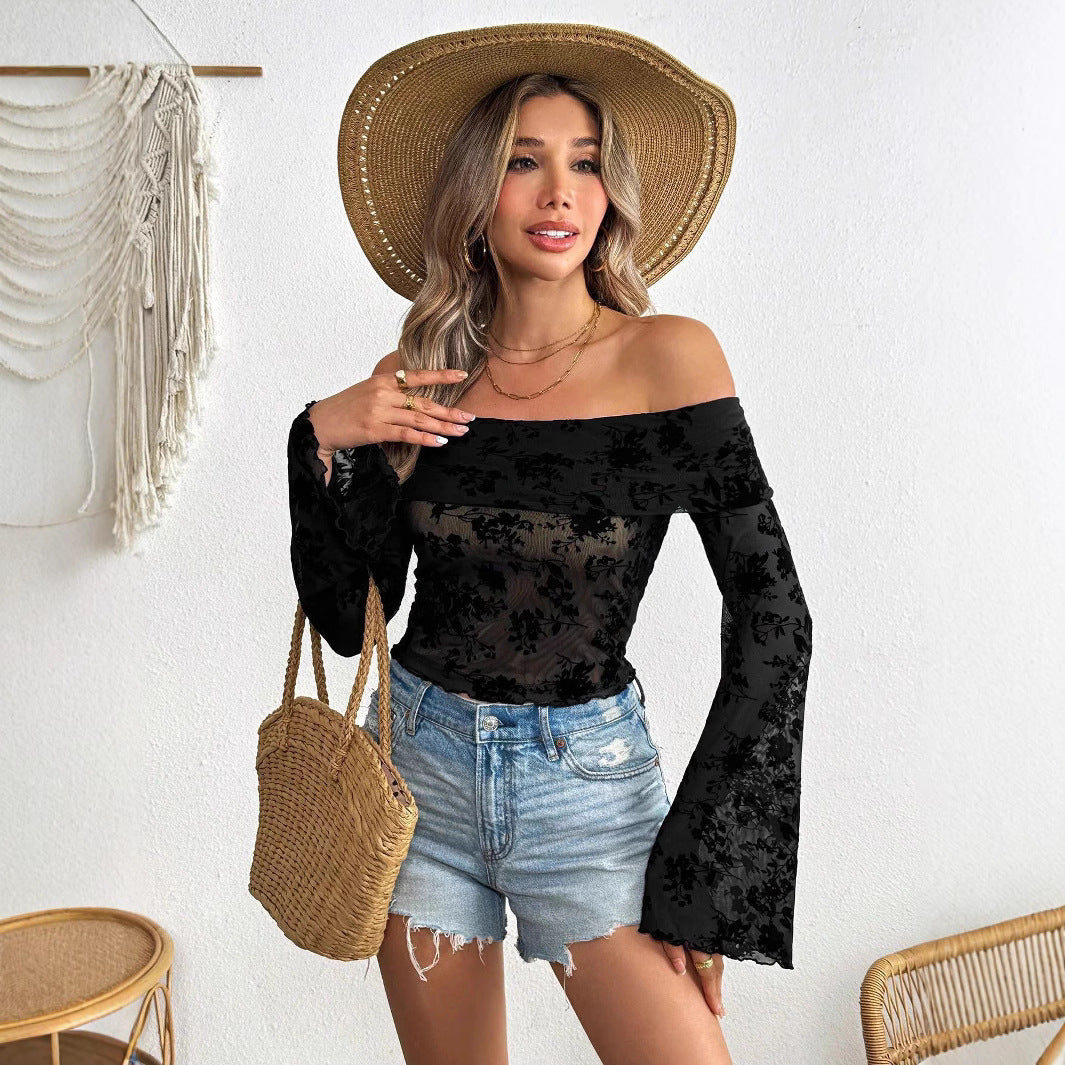 Damen Off-Shoulder Oberteil mit transparentem floralem Design und ausgestellten Ärmeln EB