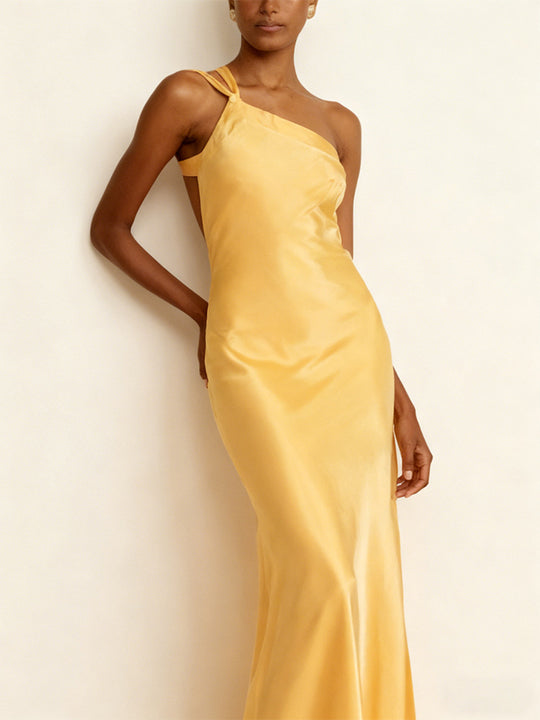 Damen elegantes Maxikleid mit asymmetrischem Halterdesign und schimmerndem Satin EB