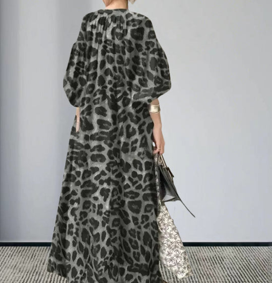 Damen Langarm Maxi-Kleid im auffälligen Leopardenmuster EB