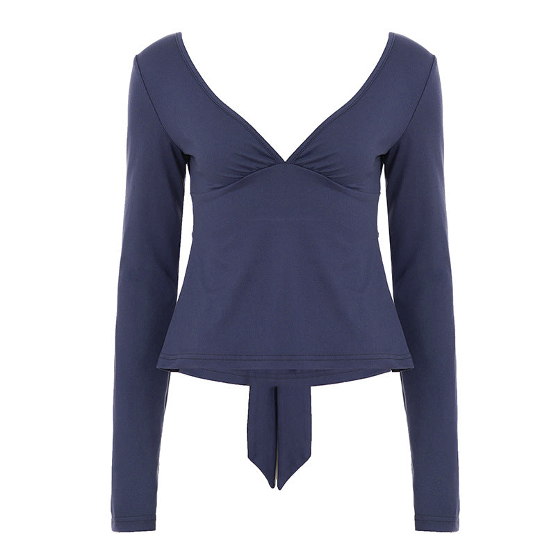 Damen nan tailliertes Langarm-Top mit tiefem V-Ausschnitt, geformter Brustpartie und Bindendetail EB