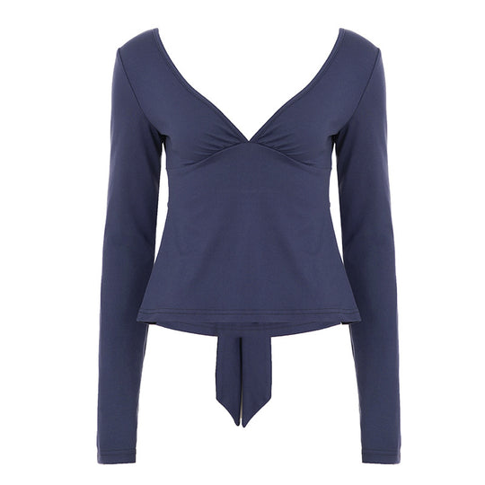 Damen nan tailliertes Langarm-Top mit tiefem V-Ausschnitt, geformter Brustpartie und Bindendetail EB