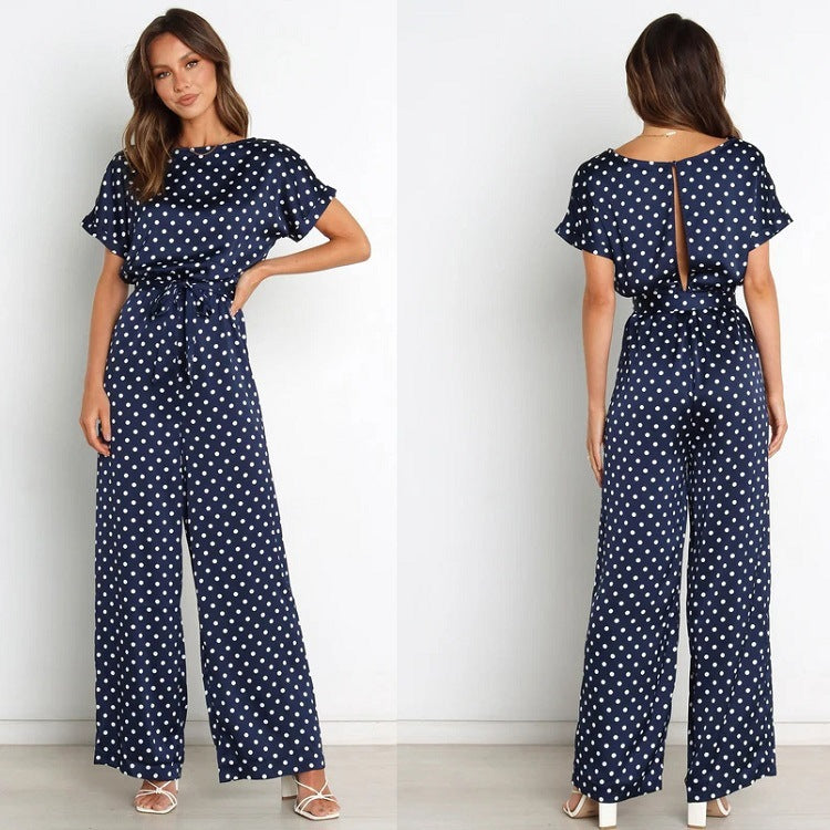 Damen Satin Jumpsuit mit weitem Bein und Taillengürtel EB