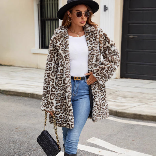 Damen Eleganter Kunstpelzmantel im Leopardenmuster EB