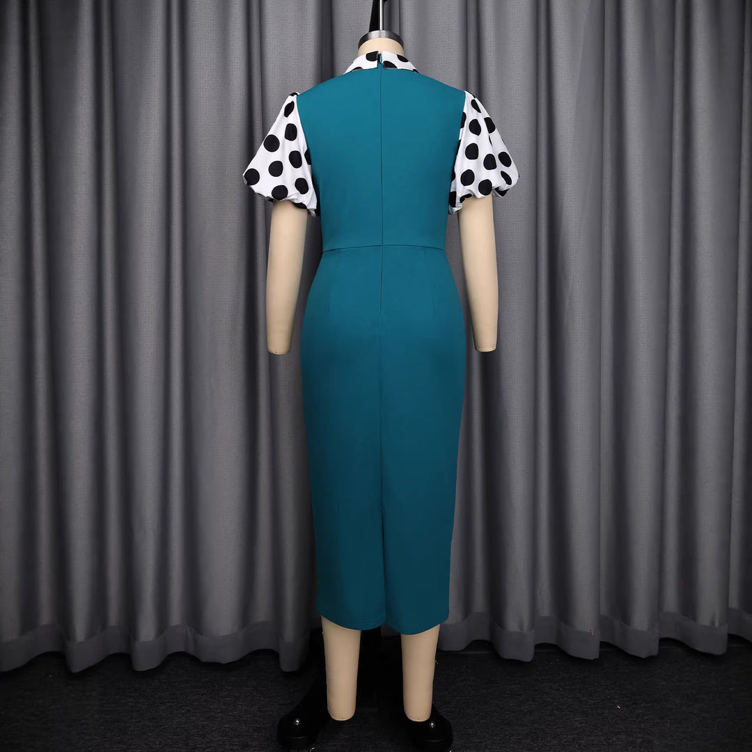 Damen figurbetontes Midi-Kleid mit polka-dot Ärmeln EB