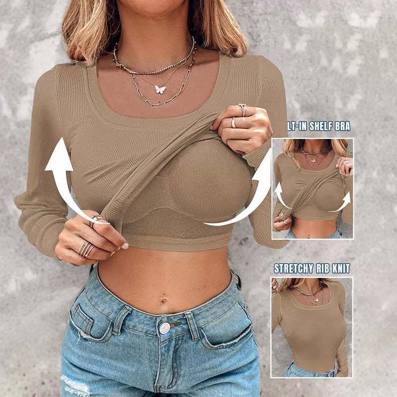 Damen Langarm Crop Top mit eingearbeitetem BH und elastischer Rippenstruktur EB