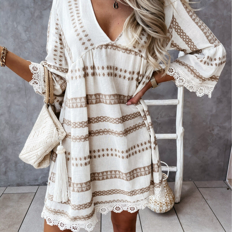 Damen Bohemian-Stil Schlagärmel Mini Kleid EB