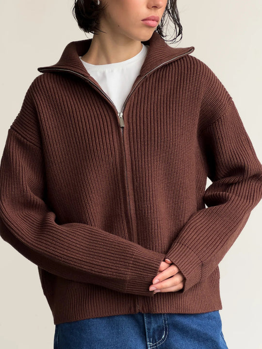 Damen Pullover mit hochschließendem Reißverschluss und strukturiertem Maschenmuster EB