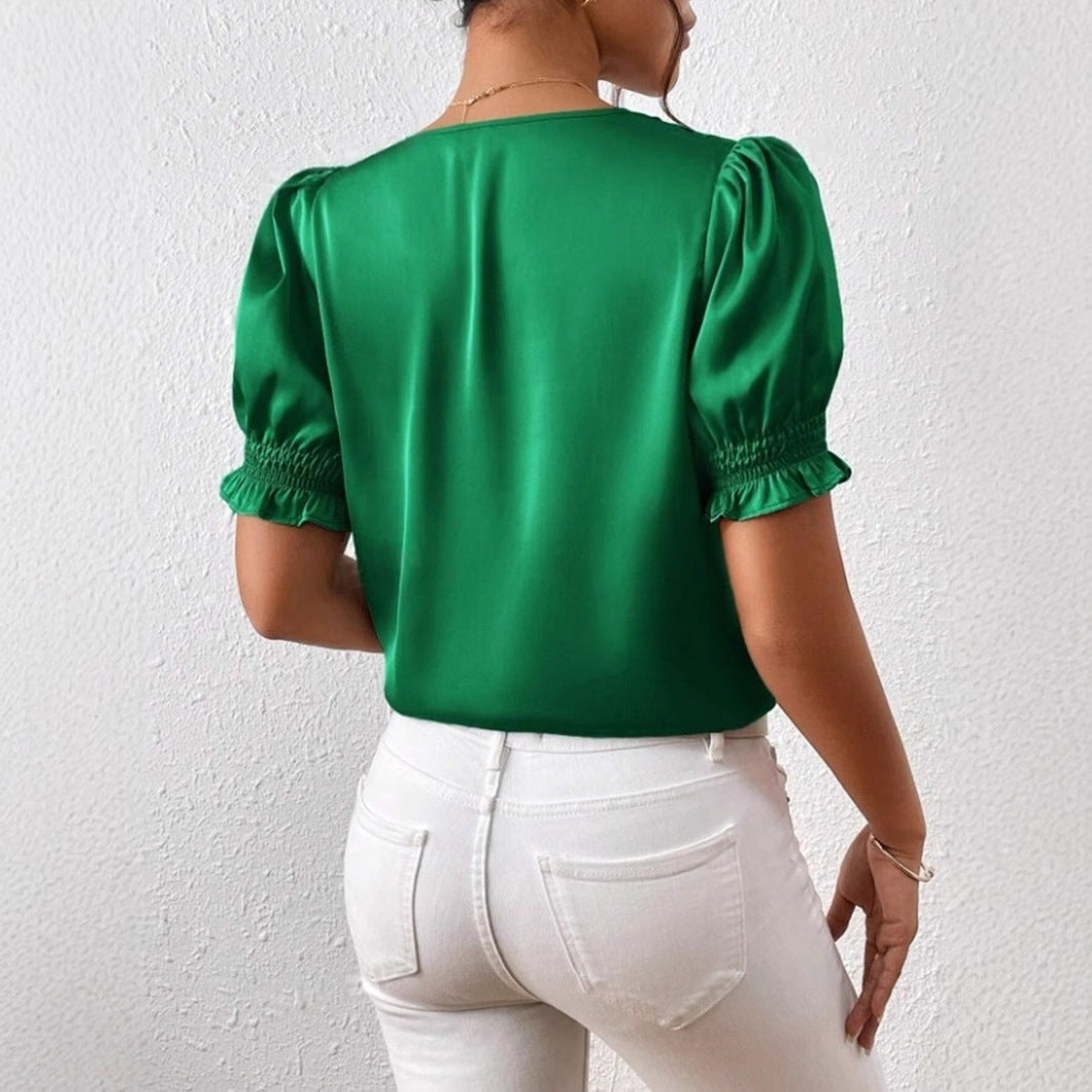 Damen Satinbluse mit Puffärmeln und eleganter Knopfleiste EB