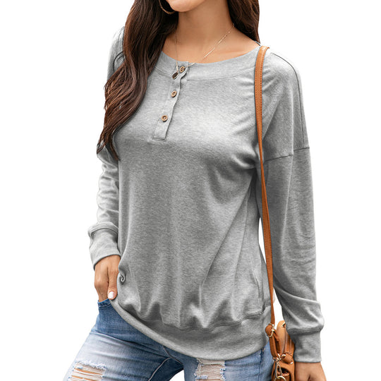 Damen gemütliches Langarm-Henley-Shirt mit Knopfleiste und tiefem Rundhalsausschnitt EB