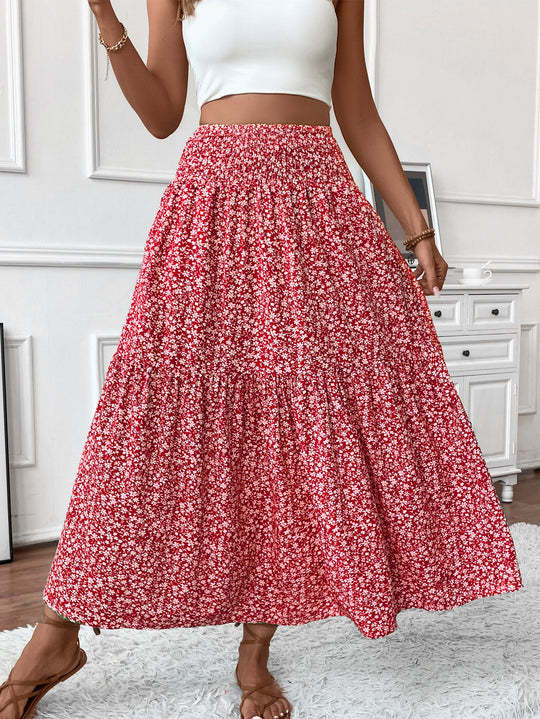 Damen Langer Rock mit floralem Print und elastischem Bund Heidi Mode