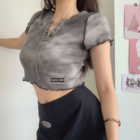 Damen cropped Oberteil mit modischem Schnürdesign und lässigem Saum EB
