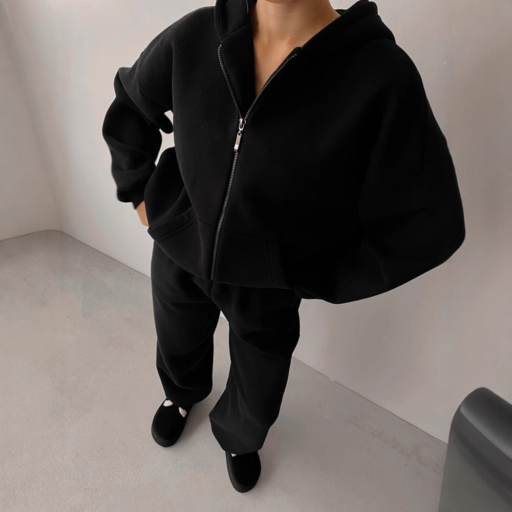 Damen Loungewear-Set EB: Oversized Zip-Hoodie mit Kapuze und weiter High-Waist Sweatpant aus Soft-Fleece