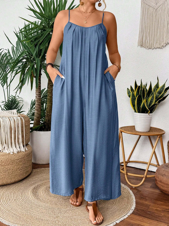 Damen luftiger Jumpsuit mit schmalen Spaghettiträgern und seitlichen Taschen EB