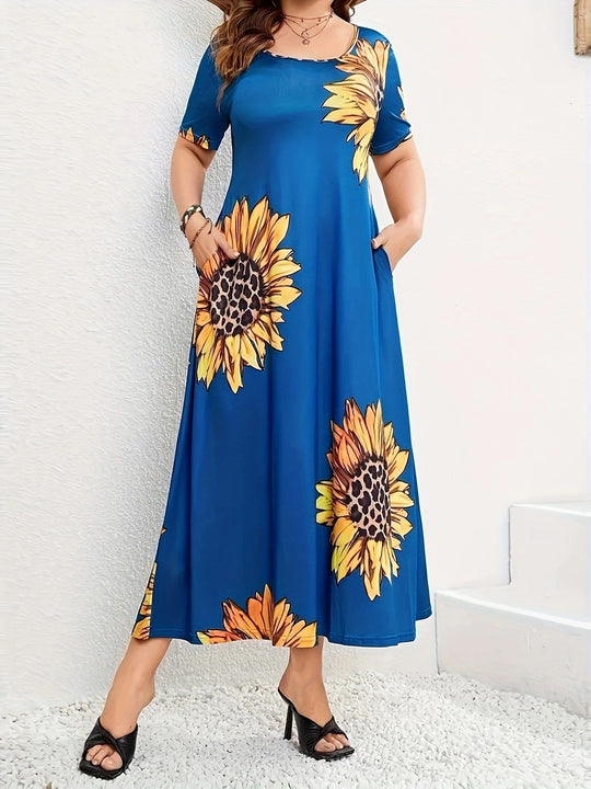 Damen Sommerliches Maxikleid mit floralem Sonnenblumenmuster und praktischen Taschen EB