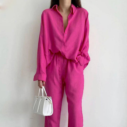 Damen lässiges Leinen Ensemble mit elegantem Hemd und weiter Hose EB
