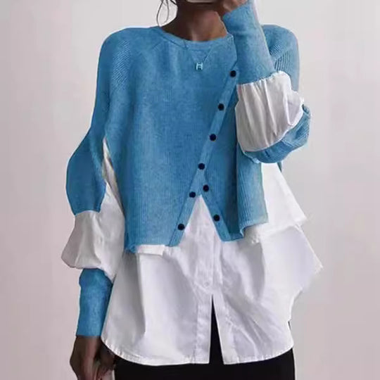 Damen modische Strickjacke mit geknöpften Details und Blusenüberwurf EB