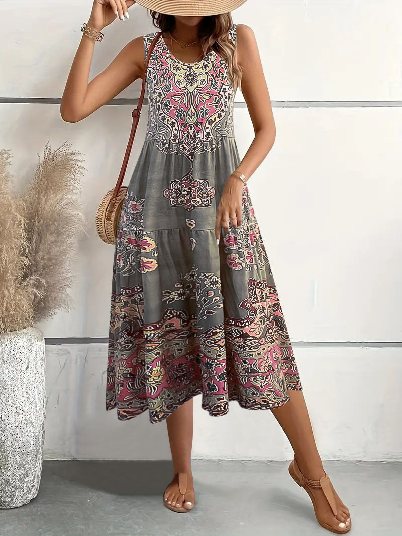 Damen Maxi-Kleid mit verspieltem Ethnomuster und schwingendem Schnitt EB