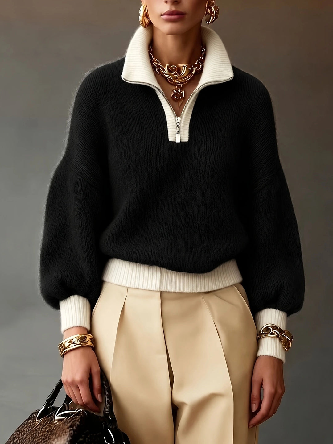 Damen Flauschiger Pullover mit halbem Reißverschluss, Stehkragen und Ballonärmeln EB