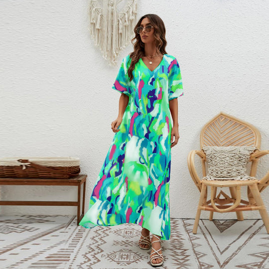 Damen Maxikleid mit V-Ausschnitt und weitem Schnitt EB