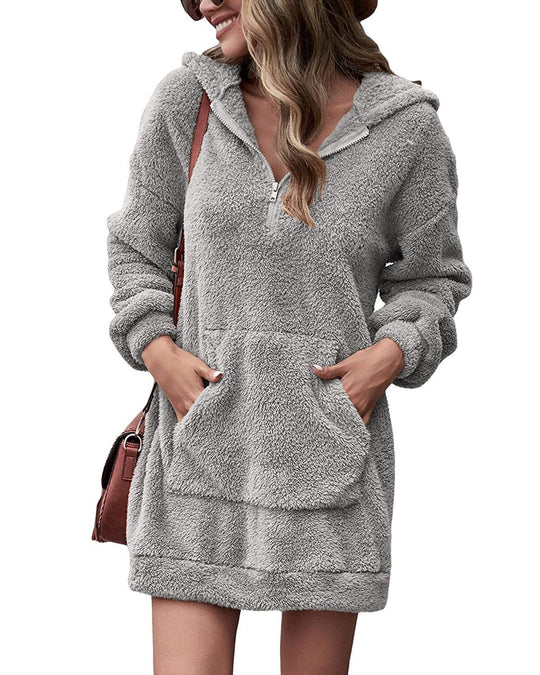 Damen Kuscheliger Hoodie-Kleid mit praktischen Taschen und halben Reißverschluss EB