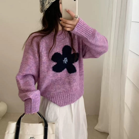 Damen Pullover mit floralem Design und hochflorigem Material EB