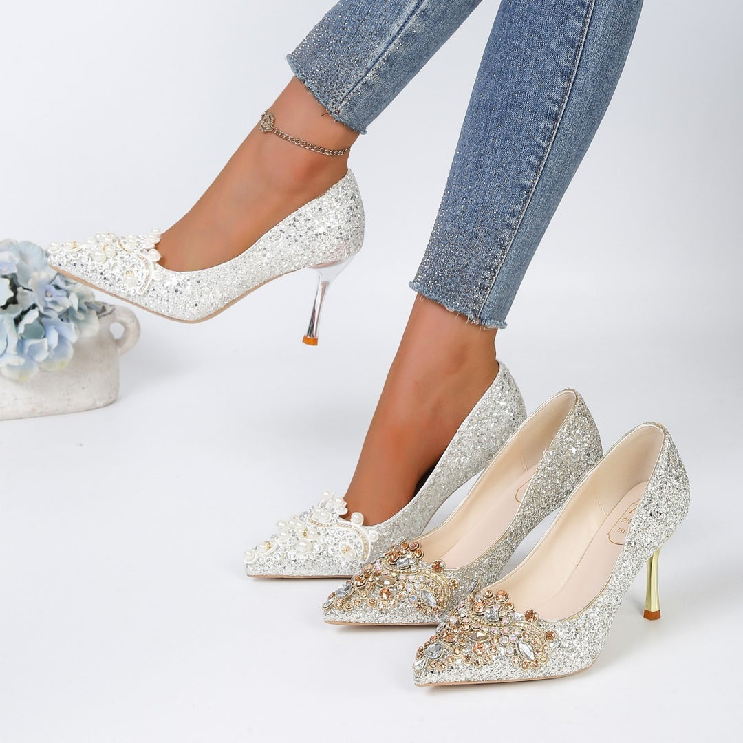 Damen Glitzernde High-Heel Pumps mit feinen Perlen- und Kristallverzierungen EB