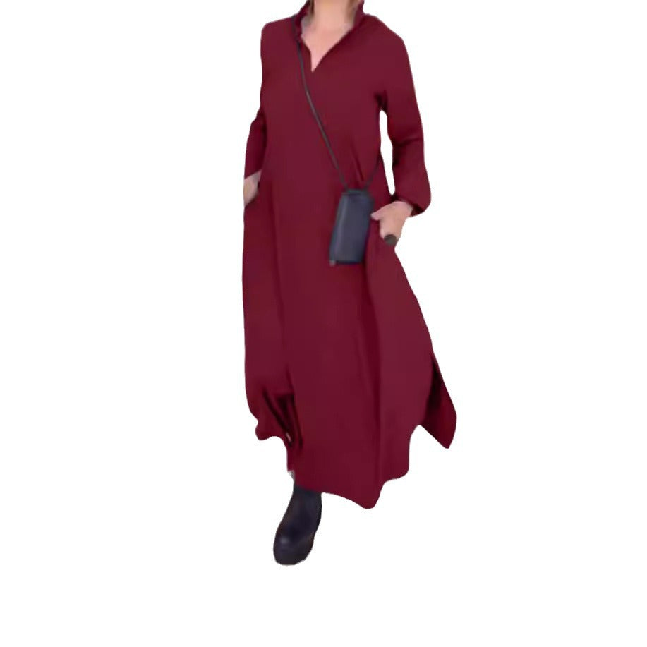 Damen nan fließendes Maxikleid mit V-Ausschnitt, kastiger A-Linie und langen Ärmeln EB
