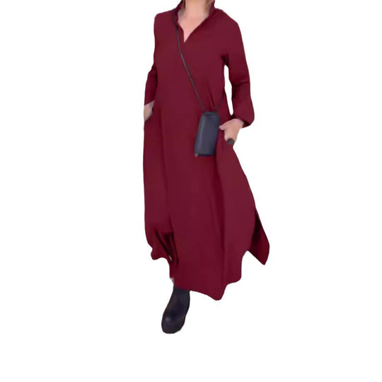Damen nan fließendes Maxikleid mit V-Ausschnitt, kastiger A-Linie und langen Ärmeln EB