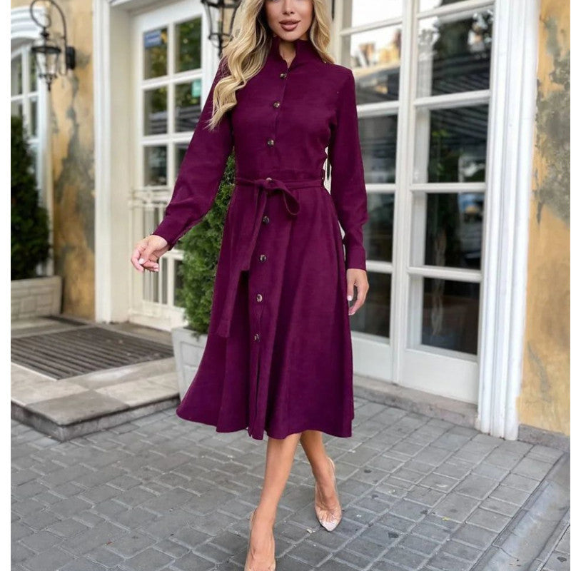 Damen Midi-Kleid mit Knopfleiste und Taillengürtel EB