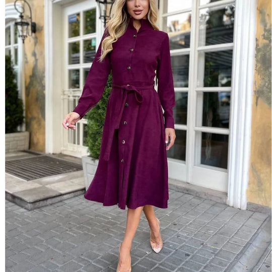 Damen Midi-Kleid mit Knopfleiste und Taillengürtel EB
