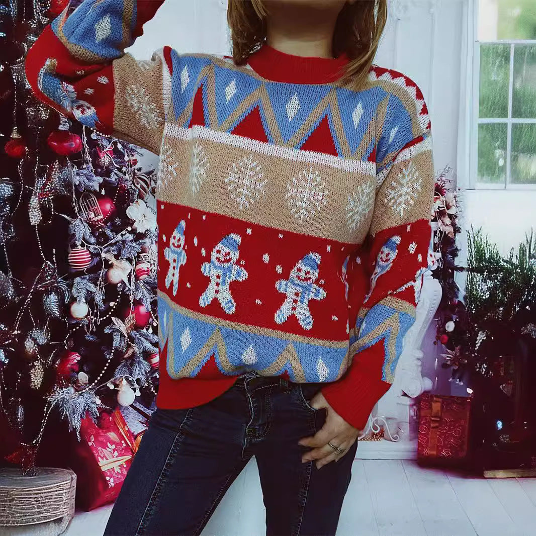 Damen Festlicher Strickpullover mit fröhlichem Weihnachtsmotiv und lässigem Schnitt EB