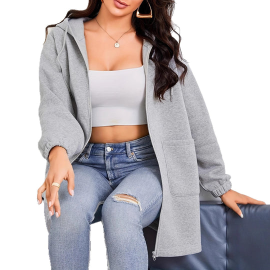 Damen nan Longline-Kapuzenjacke mit durchgehendem Reißverschluss, Kängurutaschen und elastischen Bündchen EB