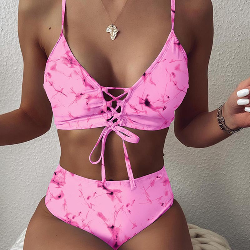 Damen Hochtailliertes Bikini-Set mit verstellbaren Schnürdetails EB