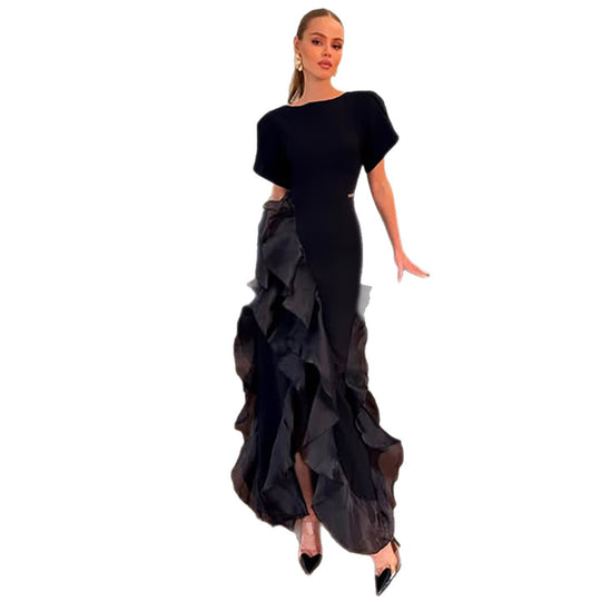 Damen elegantes Maxikleid mit fließenden Rüschen und schimmerndem Obermaterial EB