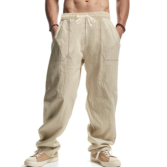 Herren Weite Leinenoptik-Freizeithose mit Elastischem Bund und Aufgesetzten Taschen EB