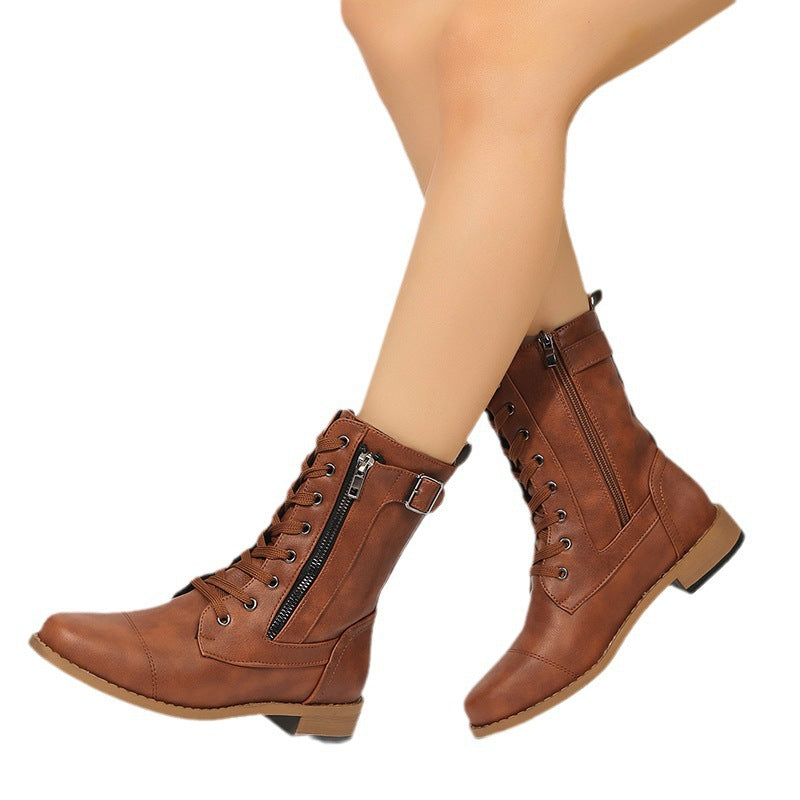 Damen nan knöchelhohe Schnür‑Combat‑Stiefelette mit seitlichem Doppelreißverschluss und verstellbarem Schnallenriemen EB