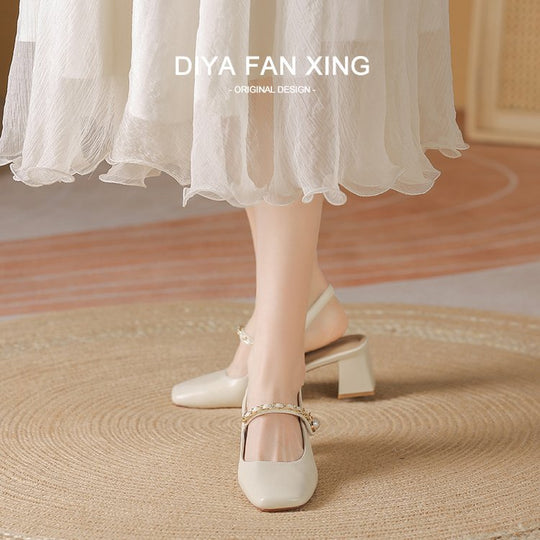Damen Slingback-Pumps mit quadratischem Absatz und Perlenakzenten EB
