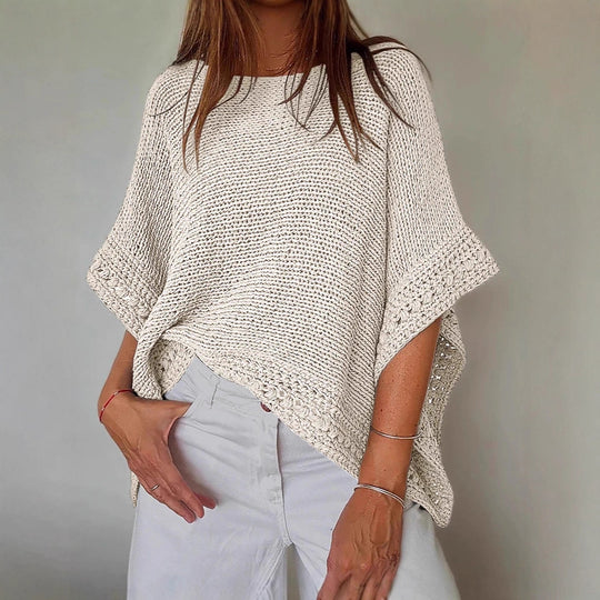 Damen Leichtes Oversize Strickponcho mit Häkelkante EB
