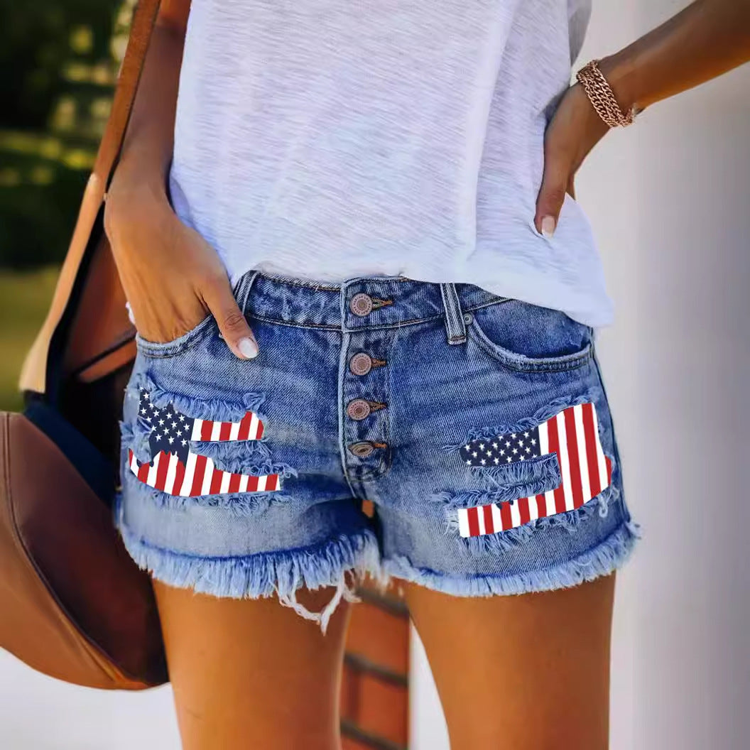Damen Jeansshorts im trendy Vintage-Stil mit amerikanischem Motiv EB