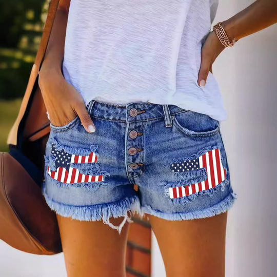 Damen Jeansshorts im trendy Vintage-Stil mit amerikanischem Motiv EB