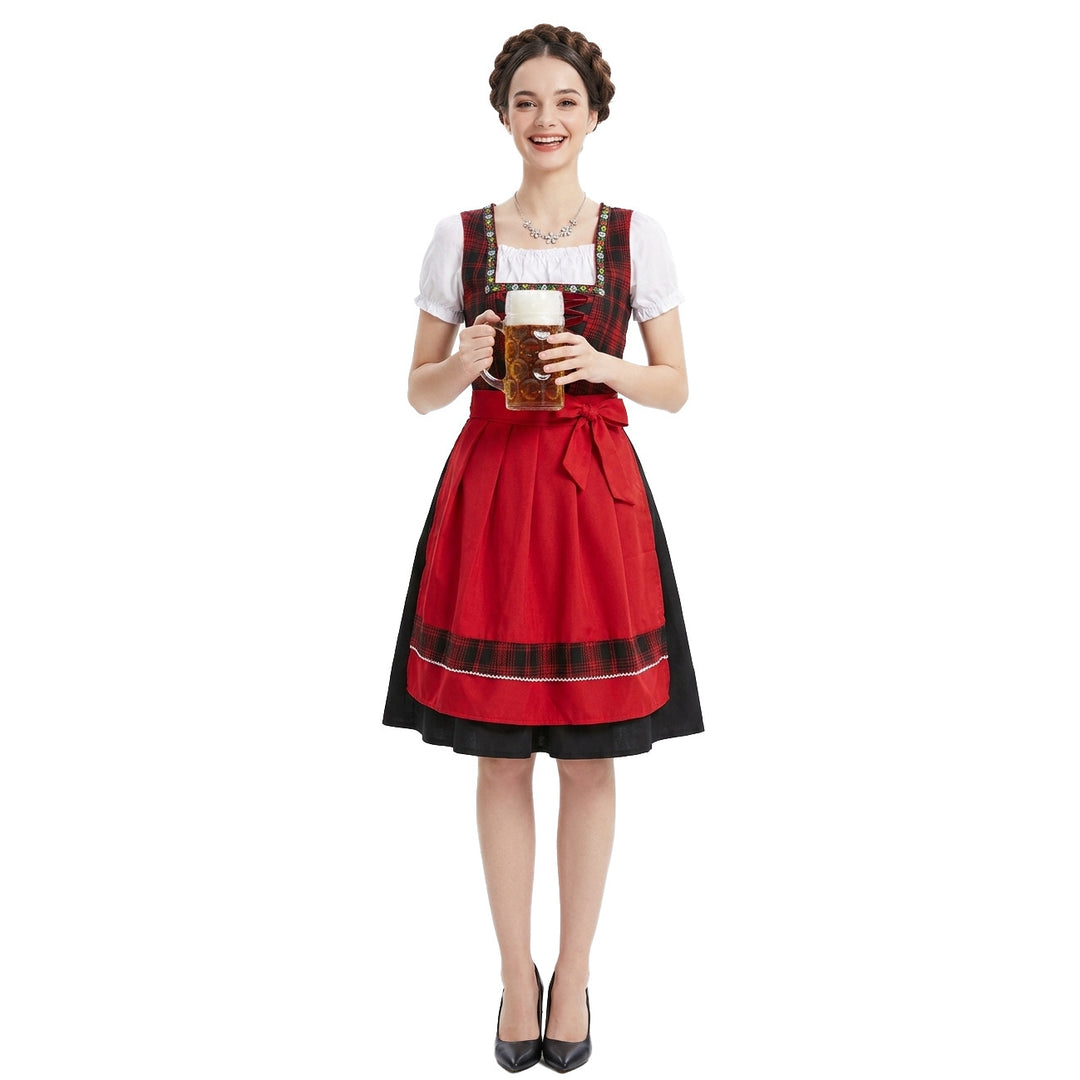 Damen nan traditionelles Dirndlkleid mit Schürze geschnürtem Mieder und kariertem Oberteil EB