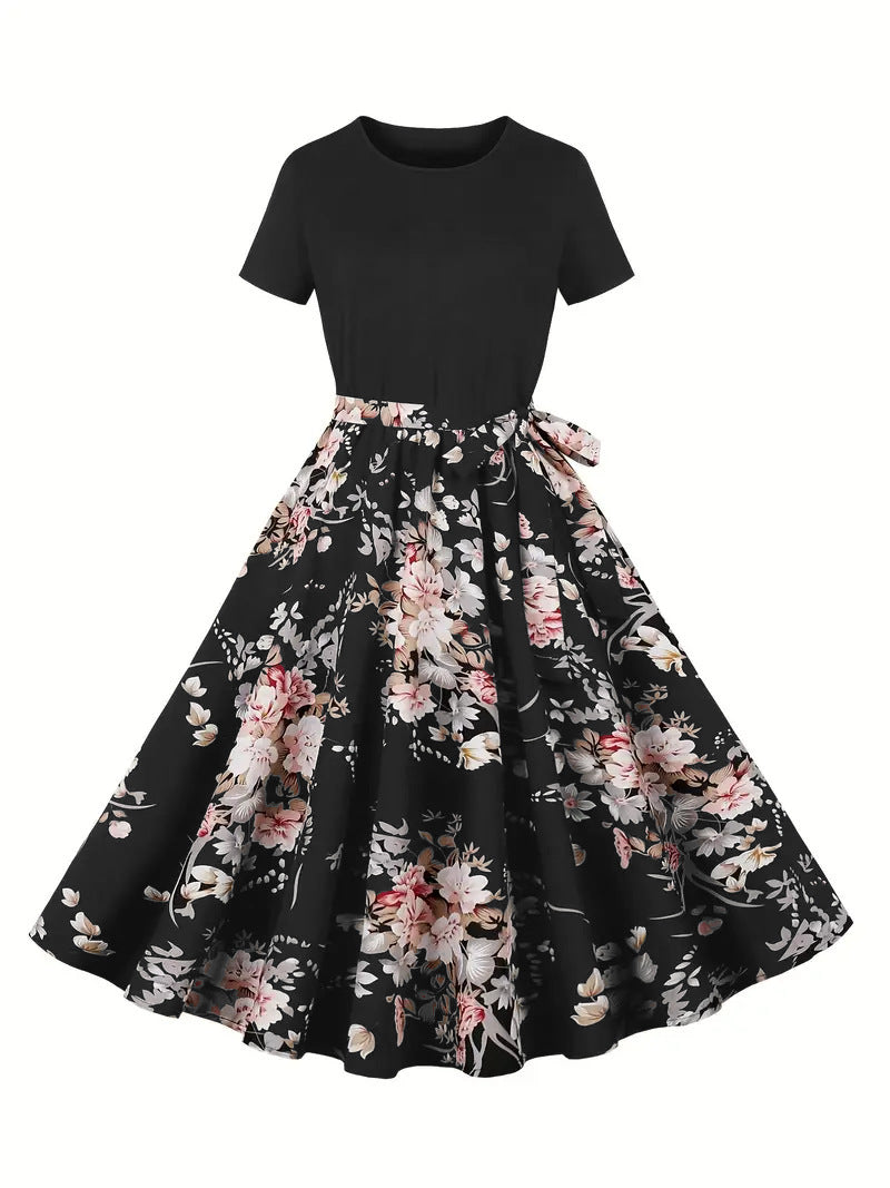 Damen Elegantes Spitzen-Kleid mit kontrastierendem Oberteil und fließendem Rock EB