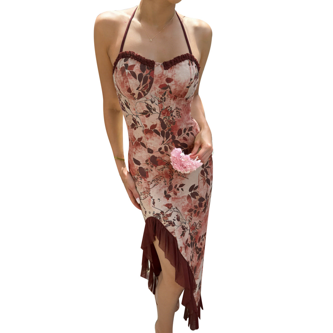Damen asymmetrisches Floral-Maxikleid mit zartem Rüschensaum und verführerischem Schnitt EB
