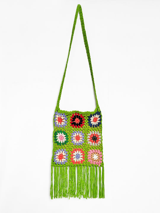 Damen gehäkelte Umhängetasche mit bunten Blumenmustern und Fransen EB