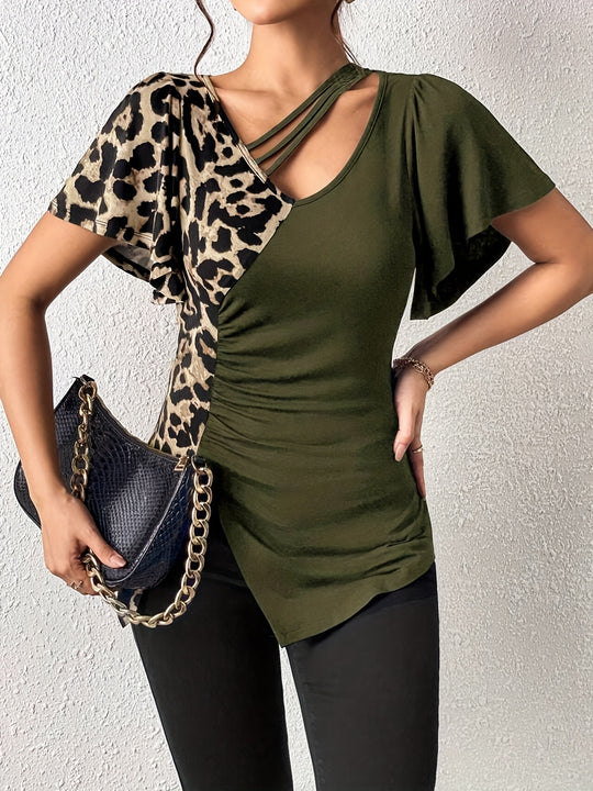 Damen nan asymmetrische Stretch-Tunika mit Leopardenprint-Seiteneinsatz und Mehrfachträgern EB