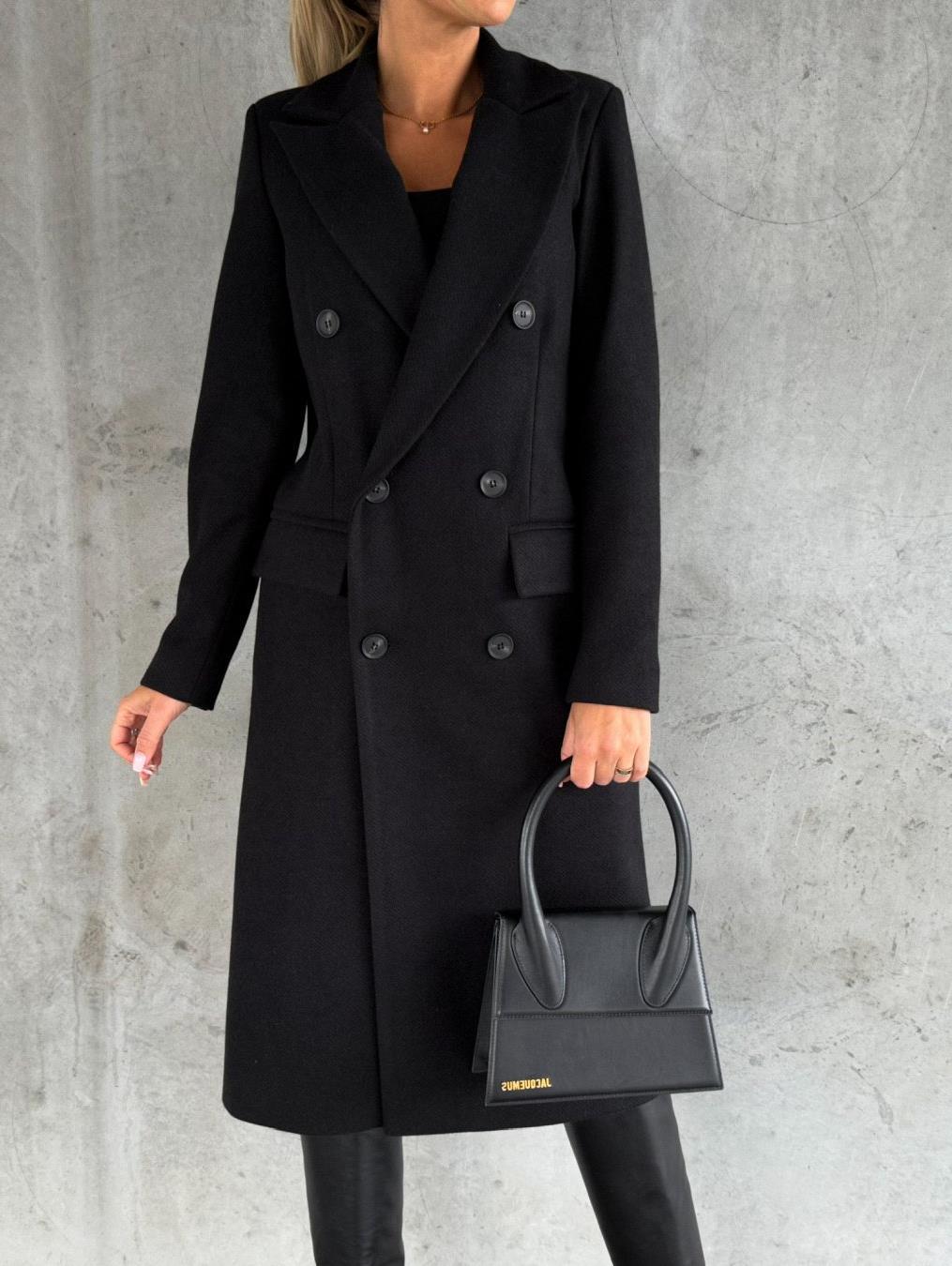 Damen Eleganter Doppelreiher-Mantel mit strukturiertem Stoff und taillierbarem Gürtel EB