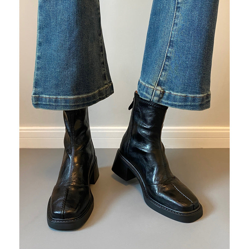 Damen Stiefeletten mit dickem Absatz und Reißverschlussverschluss EB